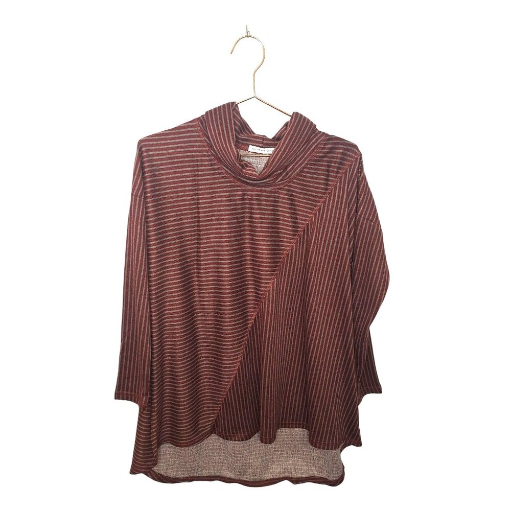 Notations Womens Striped Cowl Neck Sweater Maroon & Gray